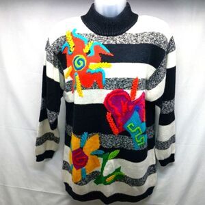 IB Diffusion Vintage Retro 80s Floral Arts Geometric Colorful Funky Sweater M...